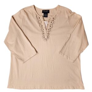 Denim&Co Cream 3/4 Sleeve Blouse with Beaded Embroidery